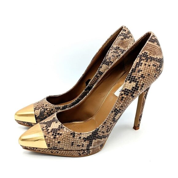 Steve Madden P-SNO Snakeskin Heels Gold Metal Pointed Toe Stiletto Womens 7.5 - Picture 1 of 6